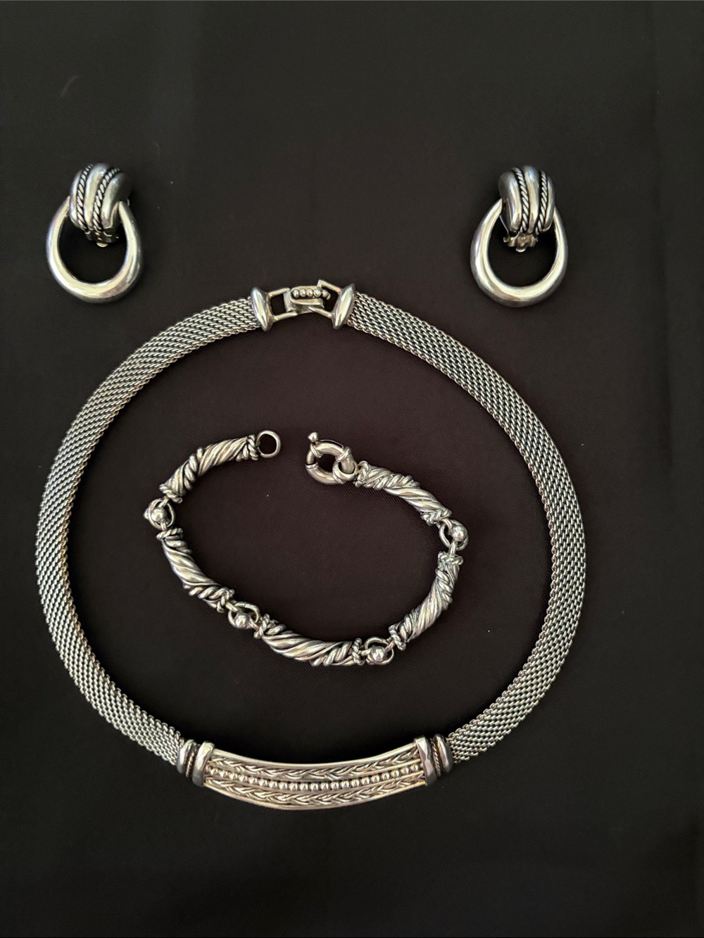 Sterling Silver Mesh Necklace and Twisted Bracelet Set - Silver